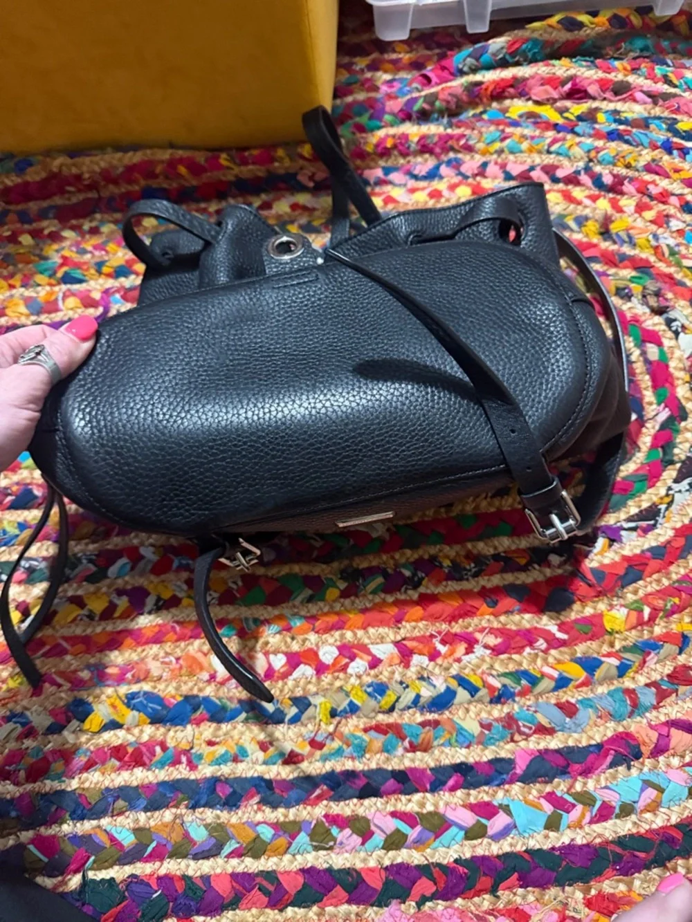 REBECCA MINKOFF Black Leather STUDDED Drawstring Bucket Bag